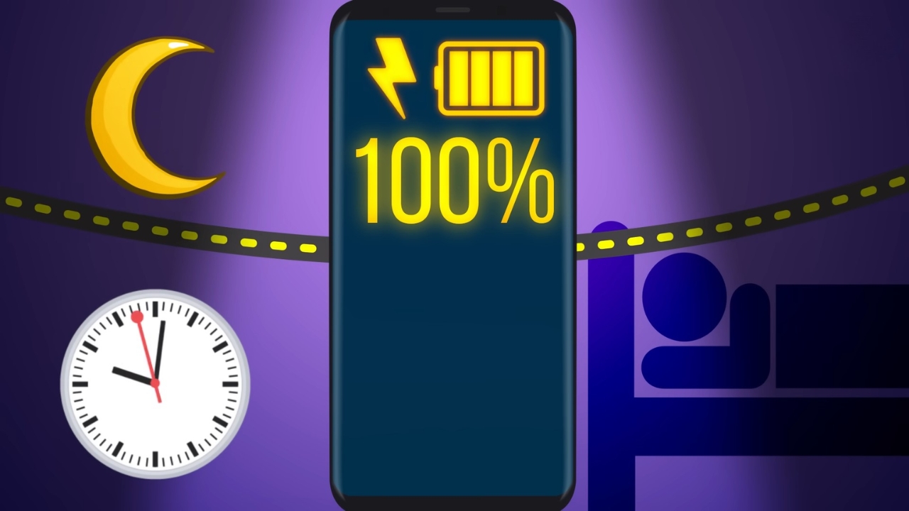 Phone battery at 100% beside a clock and moon at night.