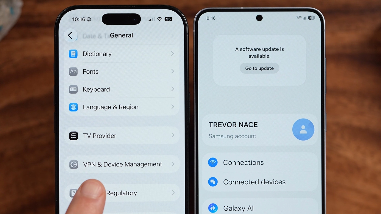 iPhone and Samsung phones show device and VPN settings.